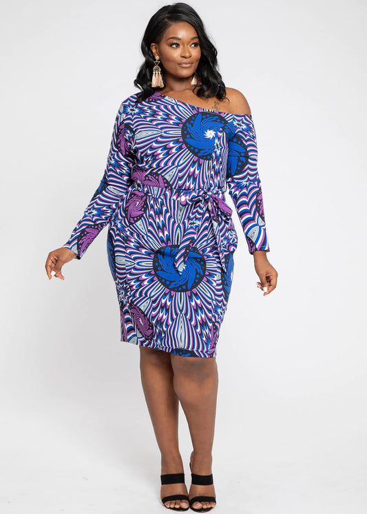 Furaha Women's African Print Stretch Woven Off Shoulder Fitted Midi Dress (Purple Blue Flowers)- Clearance