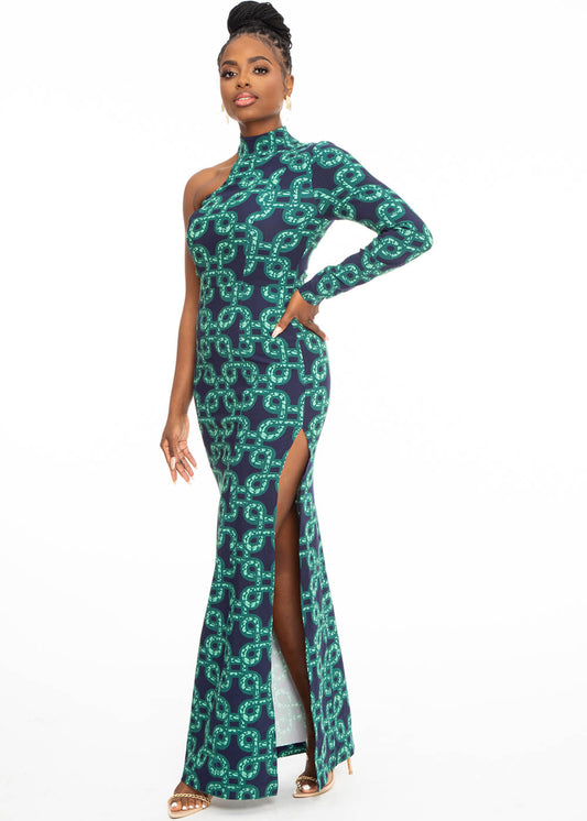 Ayaba Women's African Print Stretch Gown (Green Adinkra)